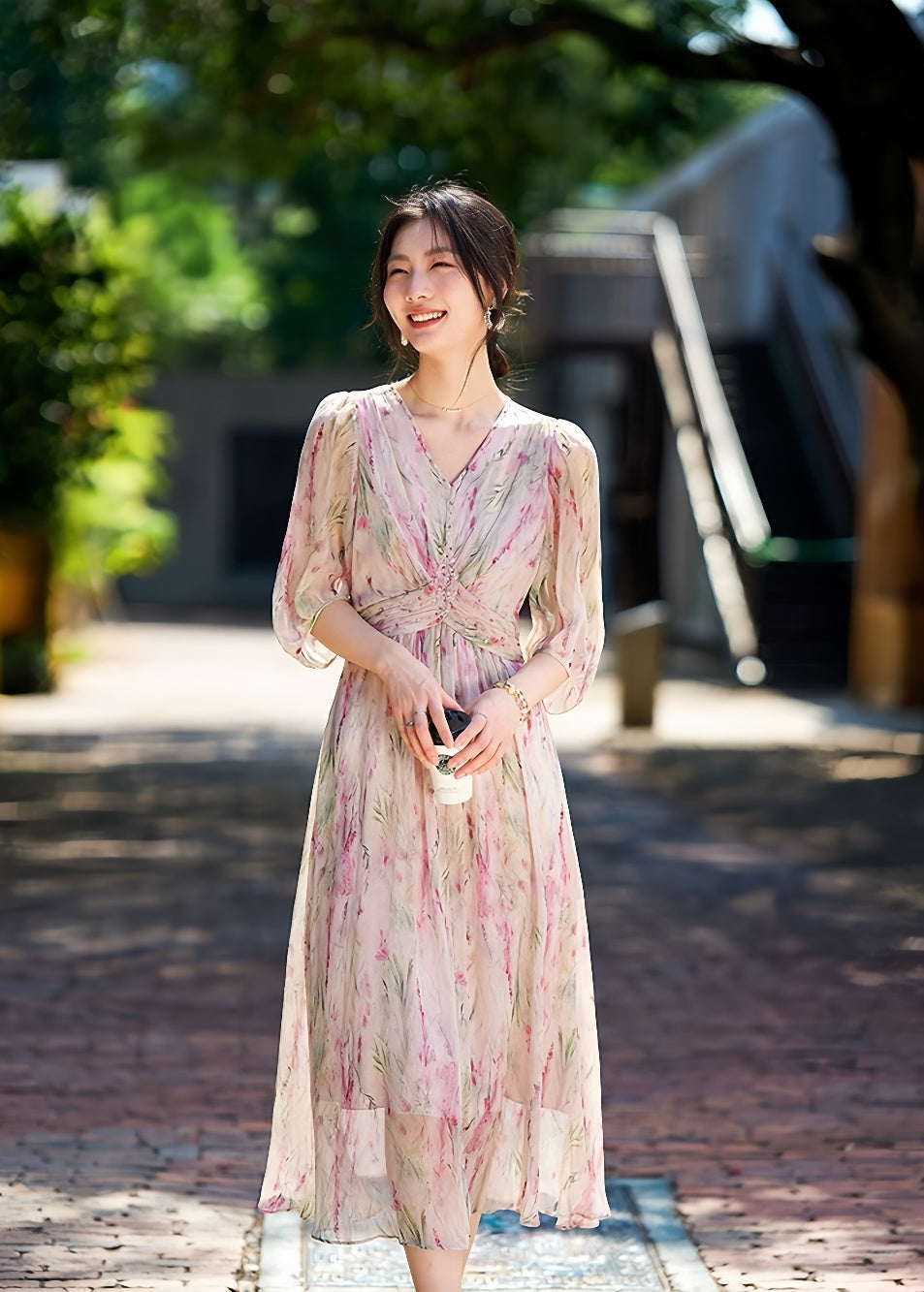 Tight Waist Ink-Style Printed Silk Dress